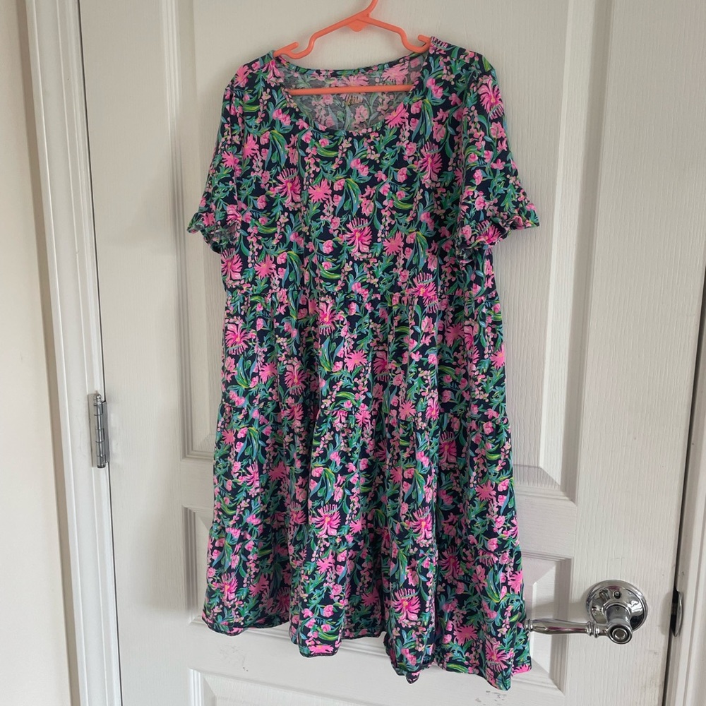 Girls Lilly Pulitzer short sleeve pink navy floral dress Sz XL 12/14